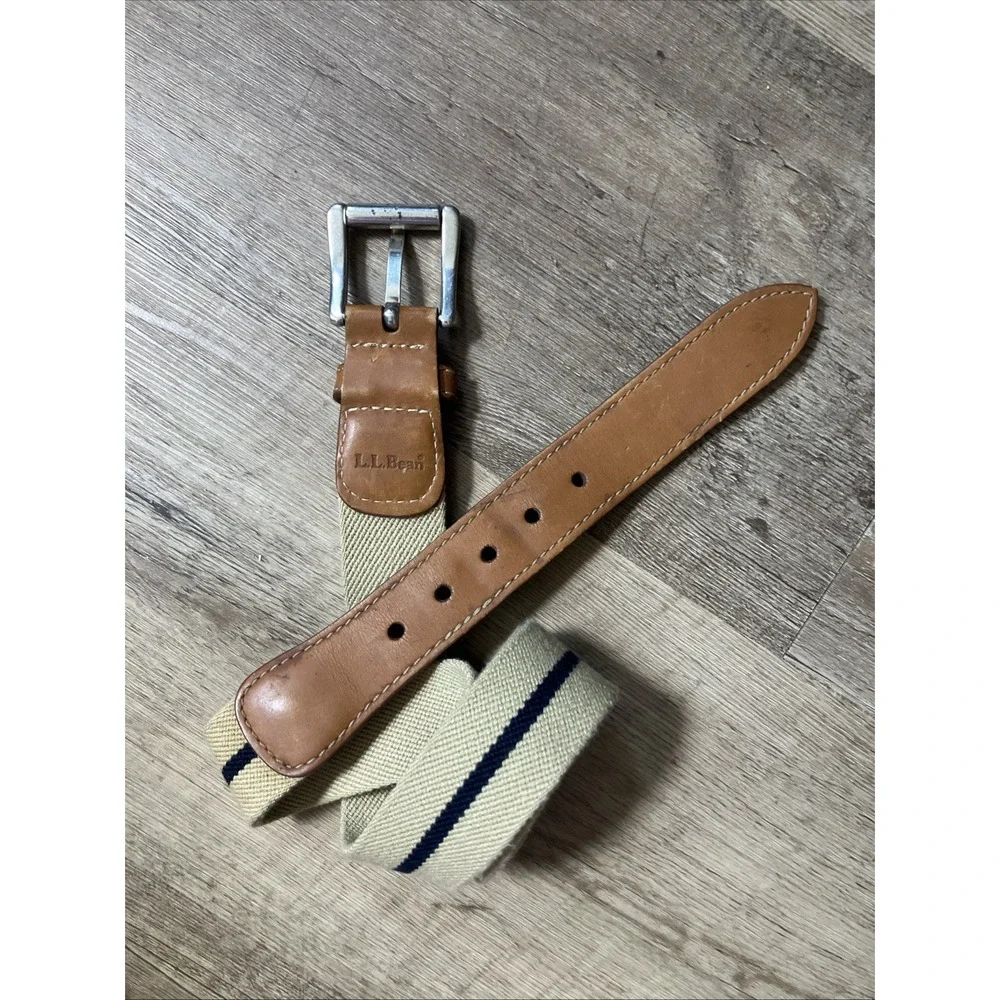 LL Bean Stretch Leather Belt Khaki Navy Stripe Woven Mens 38-40 Silver Buckle
